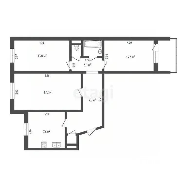 3-к кв. Тюменская область, Тюмень ул. Клары Цеткин, 29к2 (65.4 м) - Фото 2