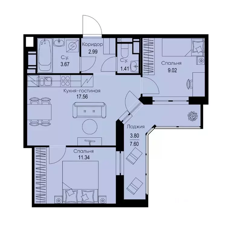 2-к кв. Ленинградская область, Всеволожский район, Заневское городское ... - Фото 1