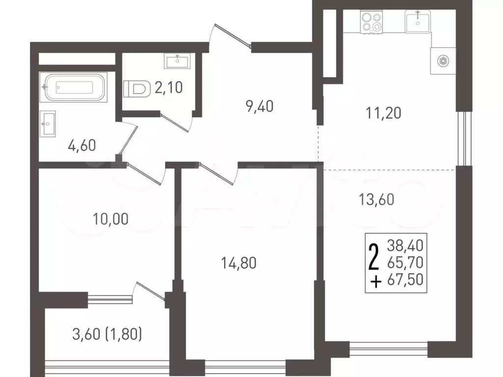 2-к. квартира, 67,5 м, 6/8 эт. - Фото 0