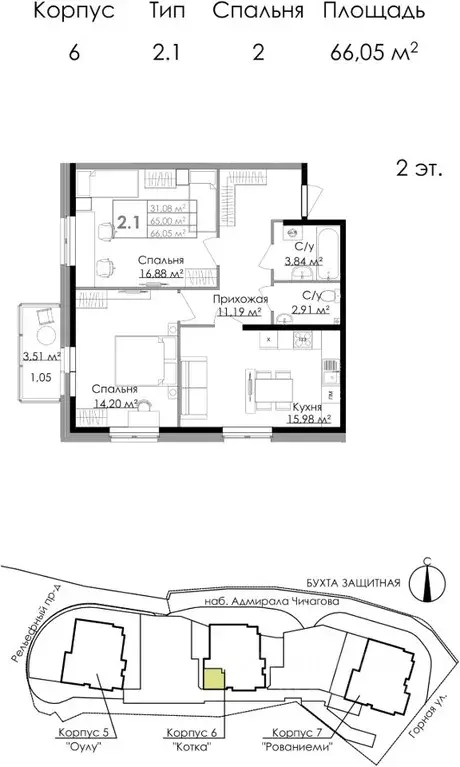 2-к кв. Ленинградская область, Выборг наб. Адмирала Чичагова, 6 (66.0 ... - Фото 1