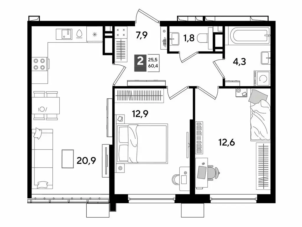 2-комнатная квартира: Краснодар, микрорайон Догма Парк (60.4 м) - Фото 1