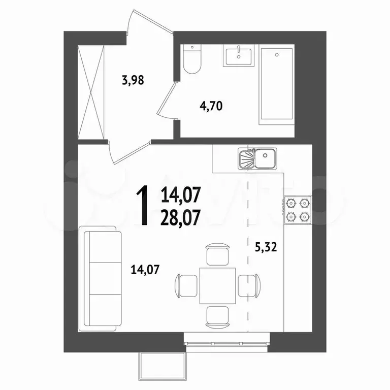 Квартира-студия, 28,6 м, 15/25 эт. - Фото 1
