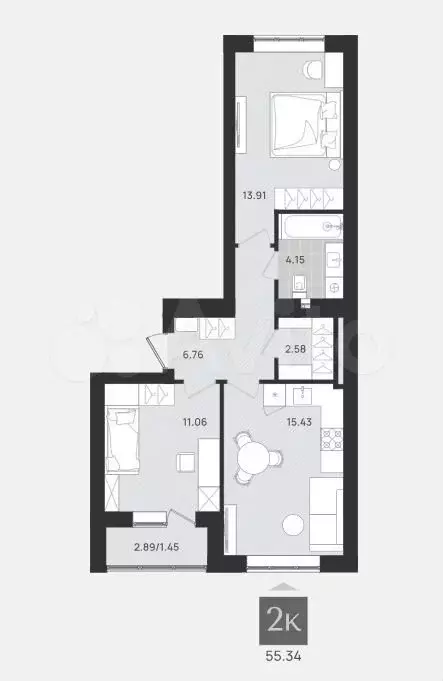 2-к. квартира, 55,3 м, 5/9 эт. - Фото 1
