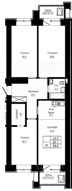 3-к кв. Алтайский край, Барнаул ул. Сухэ-Батора, 39 (88.8 м) - Фото 1