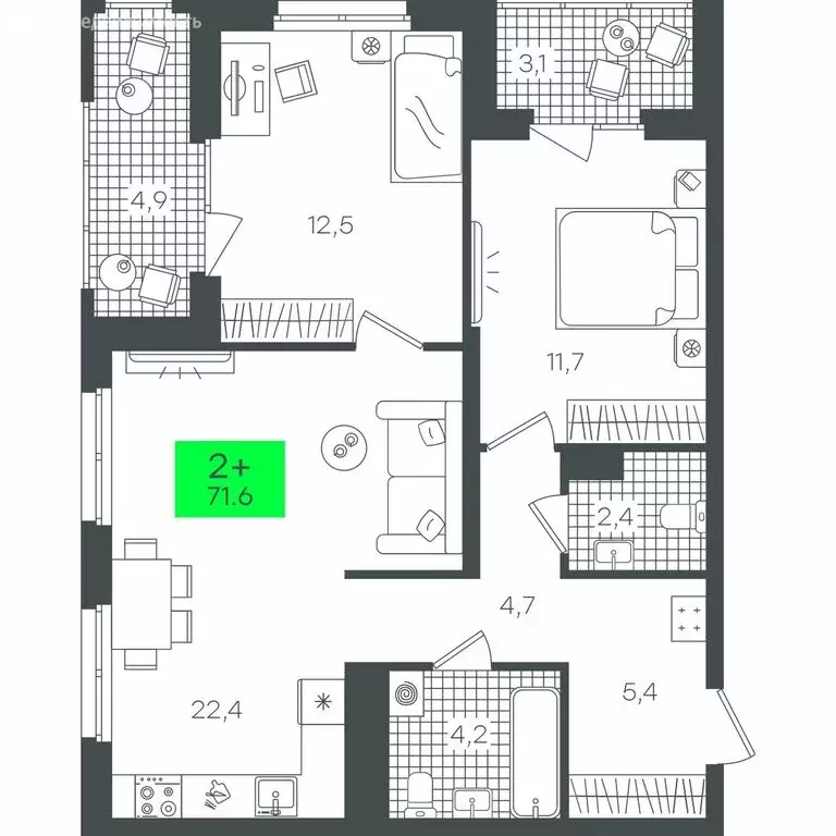 2-комнатная квартира: Тюмень, улица Ильи Кургузова (71.64 м) - Фото 1