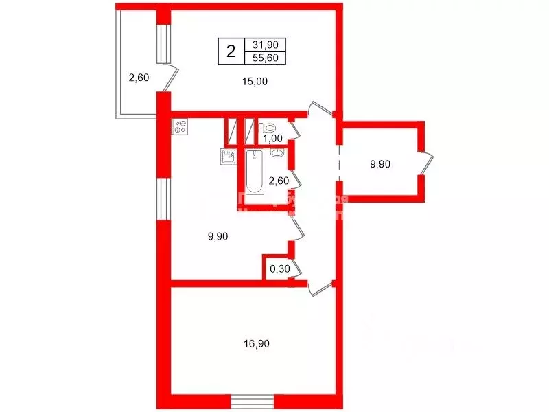 2-к кв. Санкт-Петербург ул. Чудновского, 2/11 (55.6 м) - Фото 2