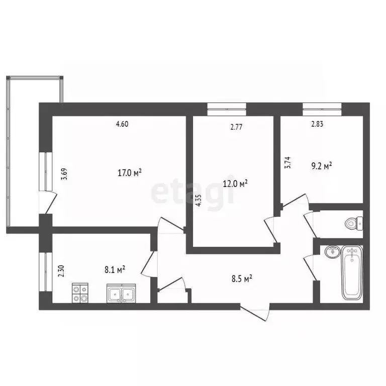 3-к кв. Вологодская область, Вологда ул. Маршала Конева, 2 (60.1 м) - Фото 2