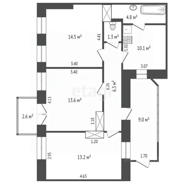 3-к кв. Ростовская область, Ростов-на-Дону ул. Баумана, 14 (63.8 м) - Фото 1