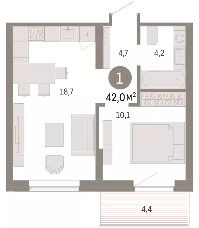 1-комнатная квартира: Омск, Кировский округ (41.99 м) - Фото 1