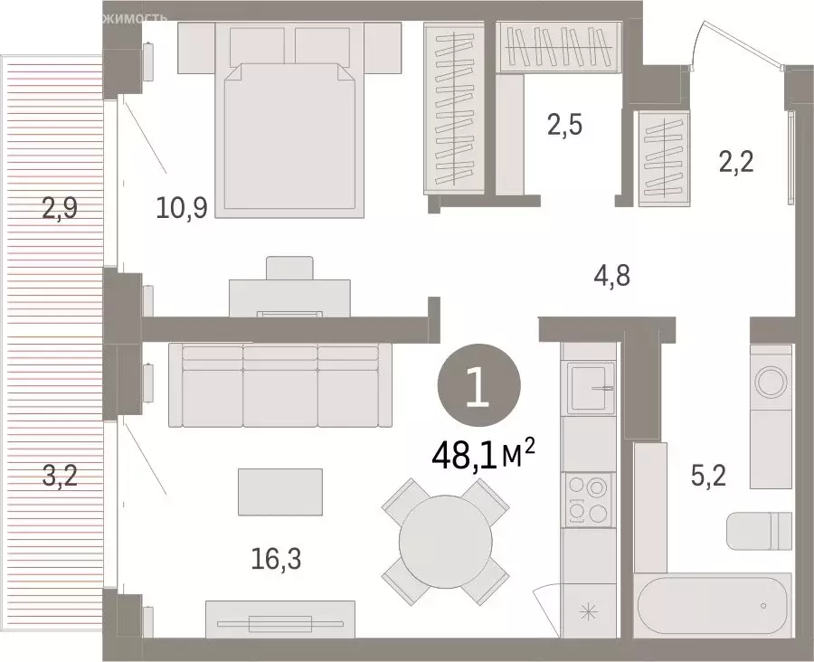 1-комнатная квартира: Тюмень, жилой комплекс На Минской (48.11 м) - Фото 1
