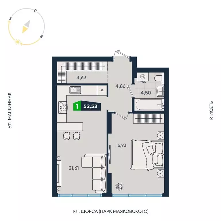 1-комнатная квартира: Екатеринбург, Машинная улица, 1В/4 (52.53 м) - Фото 1