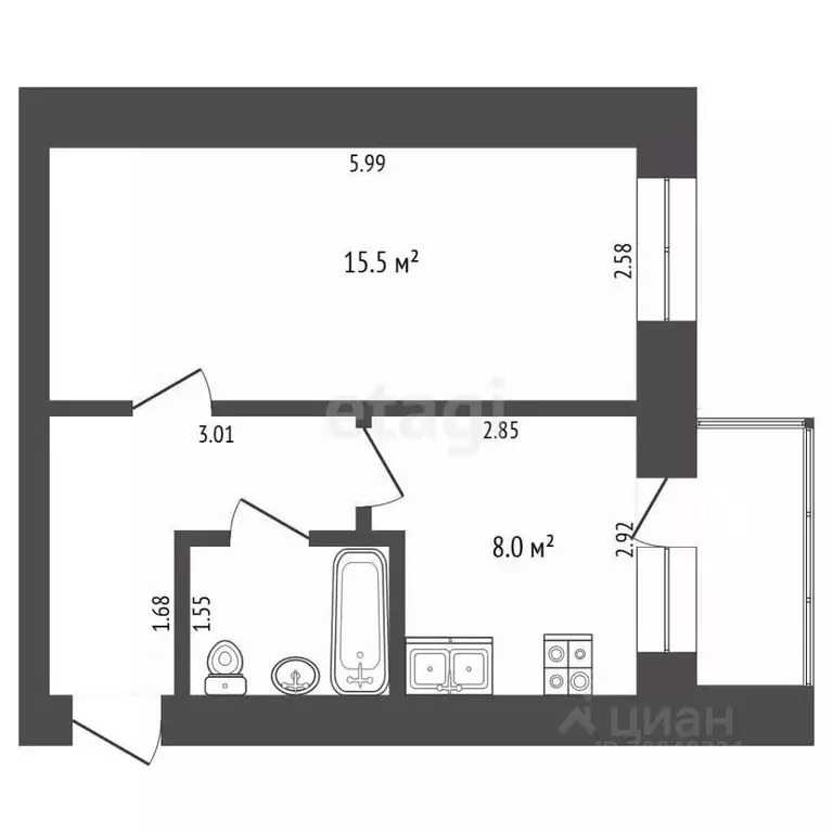 1-к кв. Тюменская область, Тюмень Камчатская ул., 2 (32.1 м) - Фото 2
