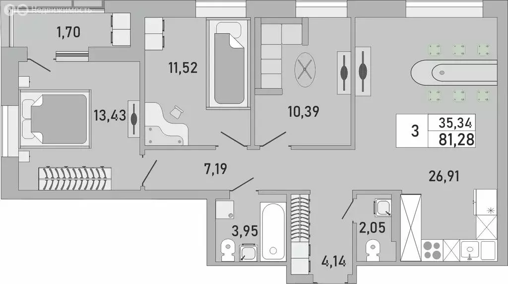 3-комнатная квартира: Уфа, Бакалинская улица, 9/1 (81.28 м) - Фото 1