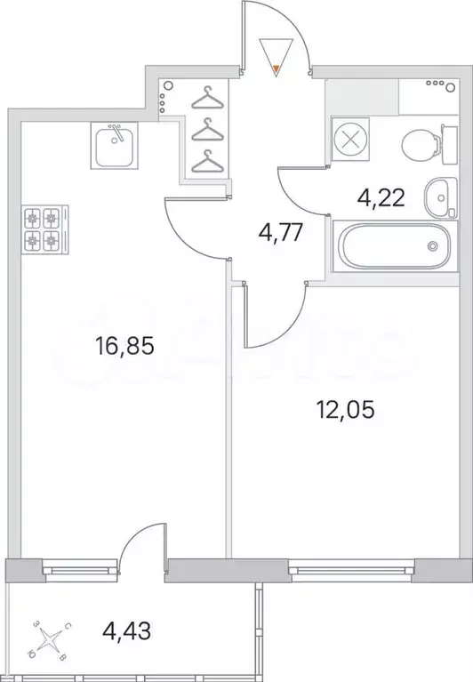 1-к. квартира, 39,1 м, 4/8 эт. - Фото 0