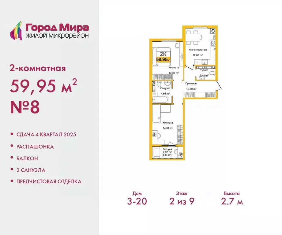 2-к кв. Крым, Симферополь Город Мира жилой комплекс (59.95 м) - Фото 0