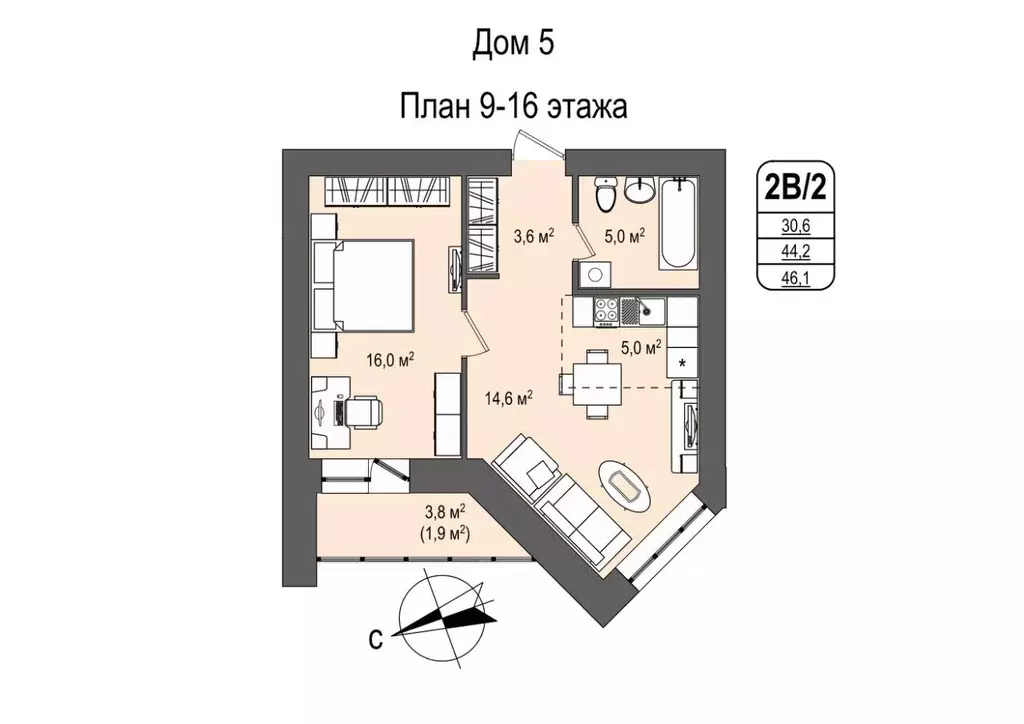 2-к кв. Кемеровская область, Кемерово 55-й мкр, 5 (46.1 м) - Фото 0
