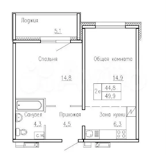 2-к. квартира, 49,9 м, 9/10 эт. - Фото 0