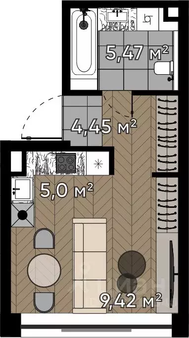 Студия Москва ул. Берзарина, 37 (24.34 м) - Фото 0