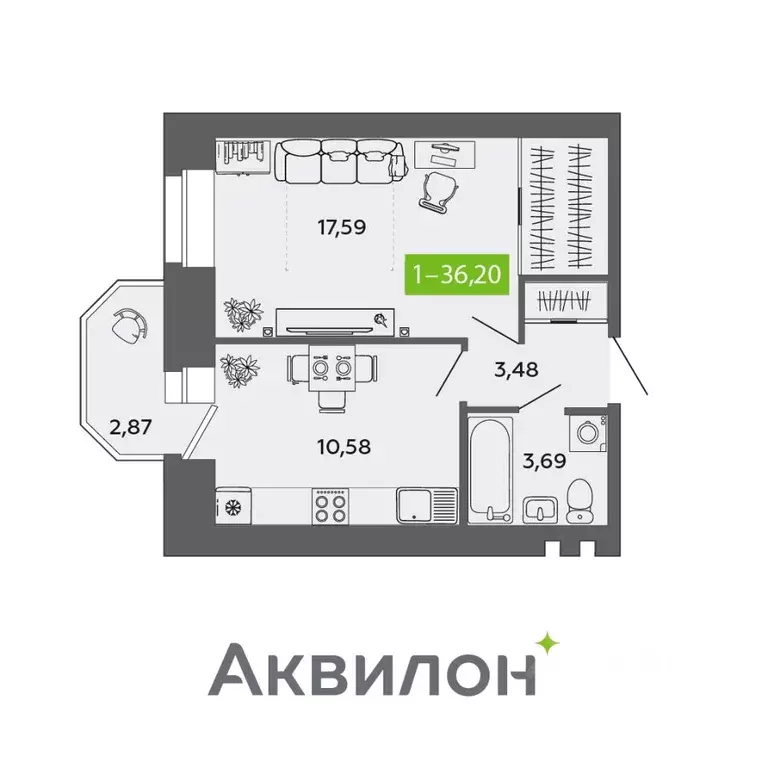 1-к кв. Архангельская область, Северодвинск ул. Ломоносова, 79к1 (36.2 ... - Фото 0