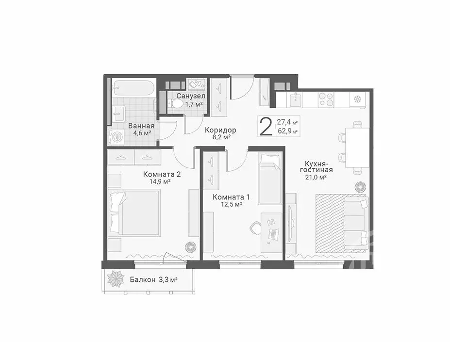 2-комнатная квартира: Санкт-Петербург, улица Руднева, 15 (63.89 м) - Фото 0