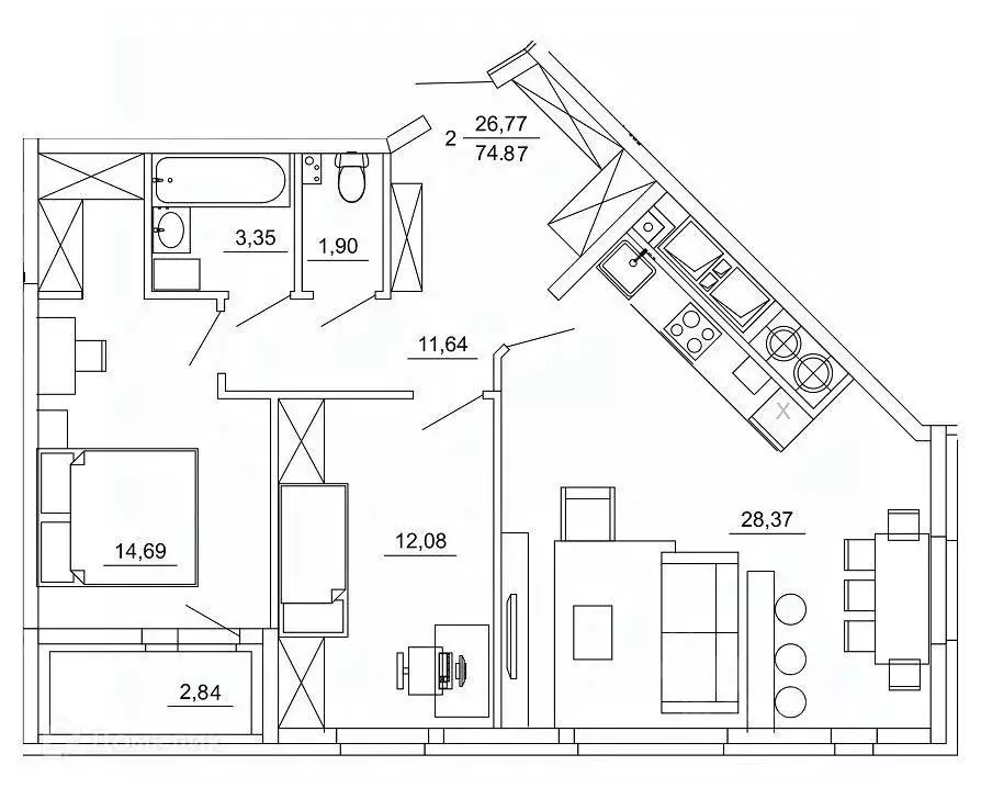 2-к кв. Рязанская область, Рязань ул. Земнухова (74.87 м) - Фото 0
