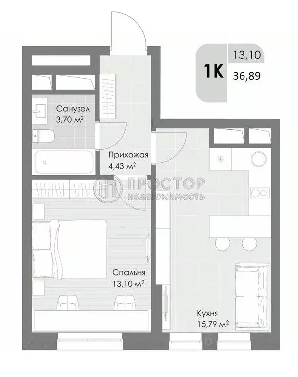1-к кв. Московская область, Котельники Дюна жилой комплекс (36.89 м) - Фото 2