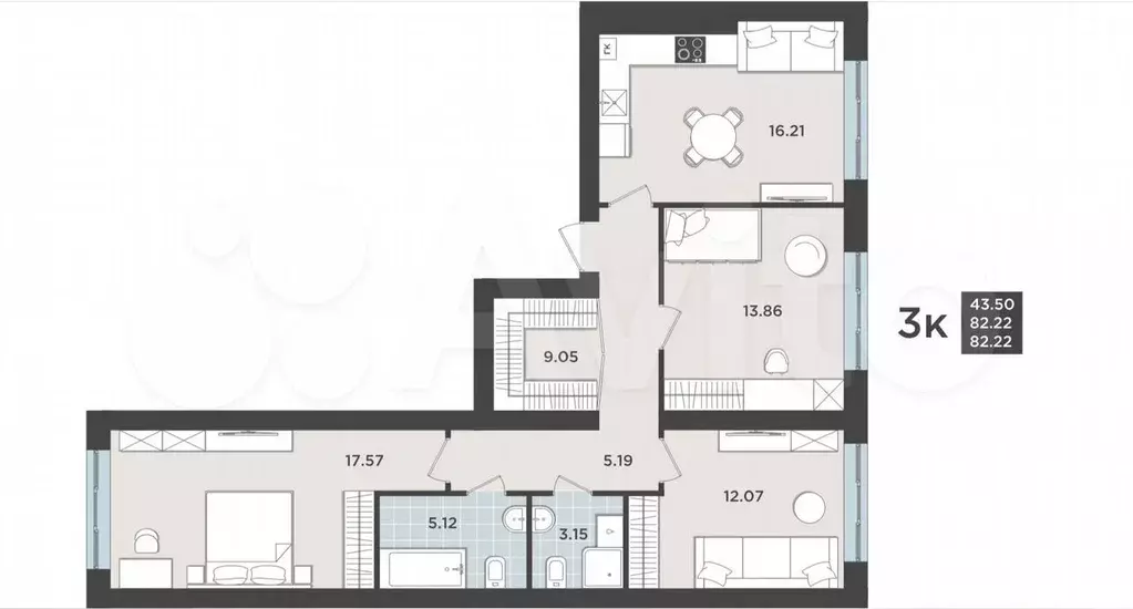 3-к. квартира, 82,4 м, 1/9 эт. - Фото 1