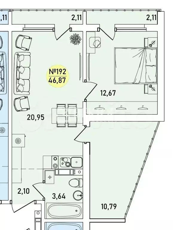 2-к. квартира, 46,9 м, 4/9 эт. - Фото 0