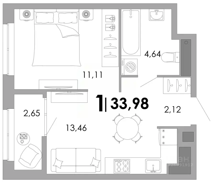 1-к кв. Владимирская область, Владимир Уно жилой комплекс (33.98 м) - Фото 1