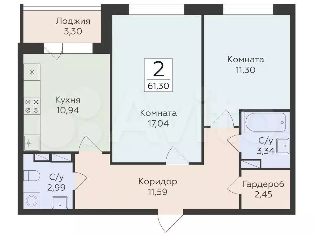 2-к. квартира, 61,3 м, 9/18 эт. - Фото 0