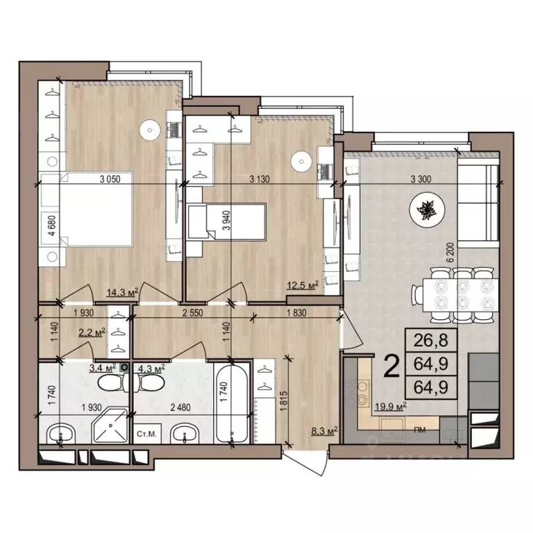 2-к кв. Рязанская область, Рязань ул. Новоселов, 33Б (64.9 м) - Фото 1