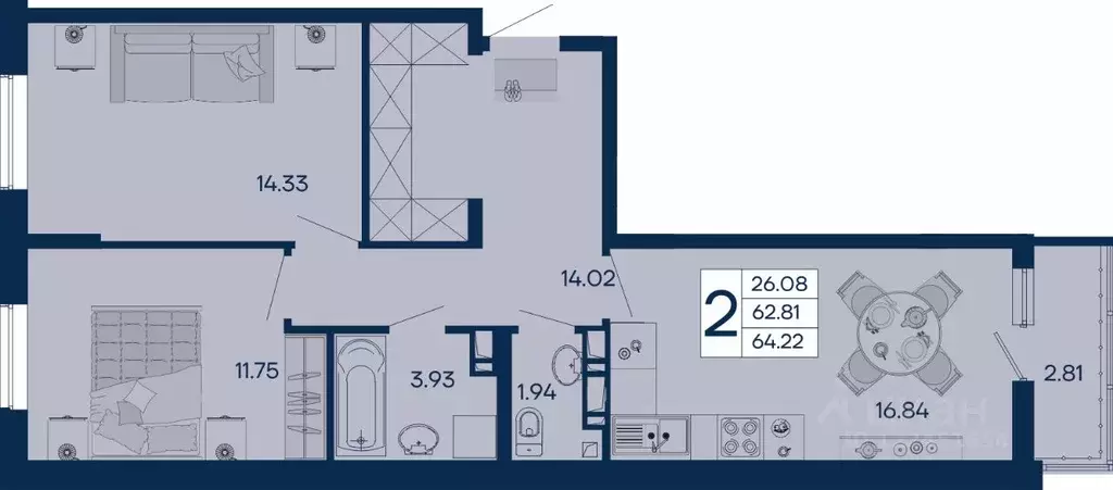 2-к кв. Краснодарский край, Краснодар  (64.22 м) - Фото 1