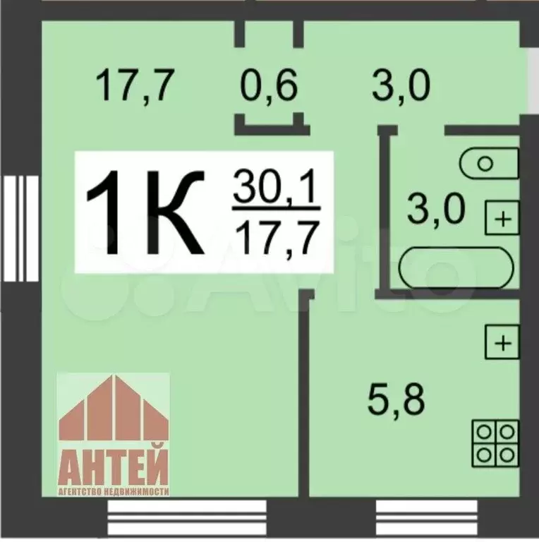 1-к. квартира, 29,9 м, 3/5 эт. - Фото 0