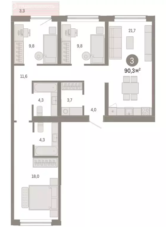 3-комнатная квартира: Новосибирск, Большевистская улица, с49 (90.27 м) - Фото 1