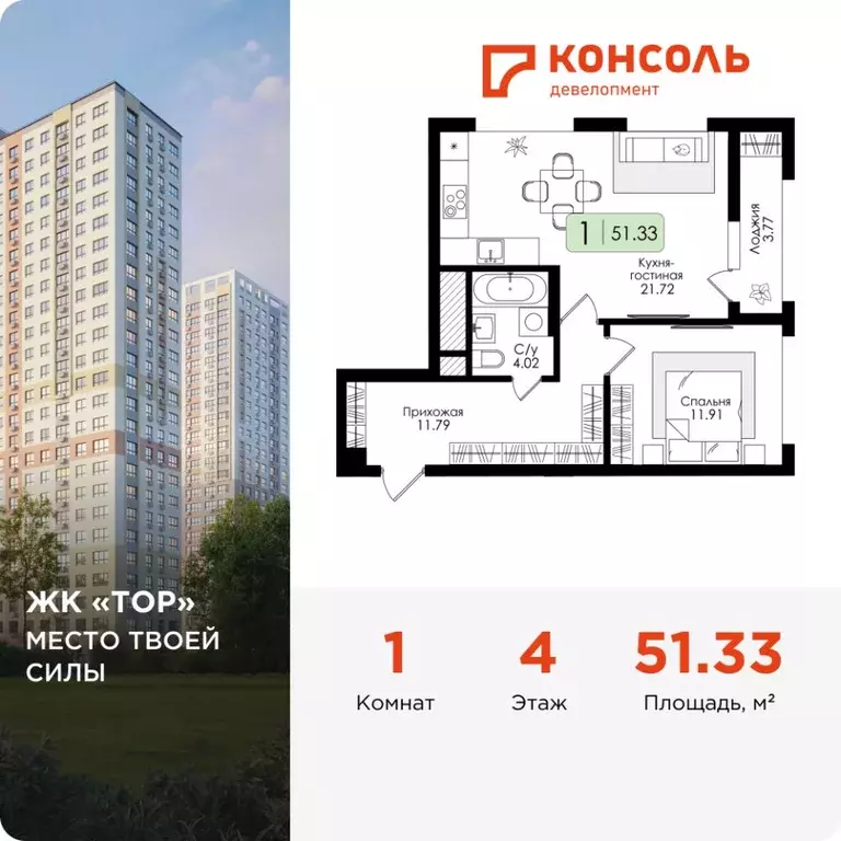 1-к кв. Тульская область, Тула Тор жилой комплекс (51.33 м) - Фото 1
