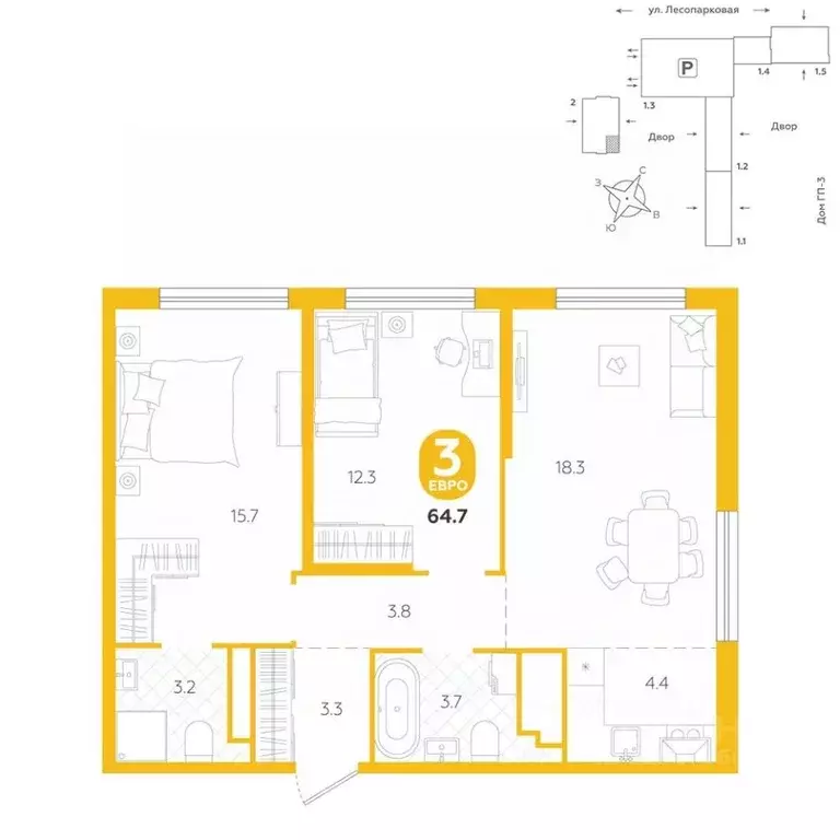 3-к кв. Тюменская область, Тюмень ул. Лесопарковая, 20 (64.7 м) - Фото 1