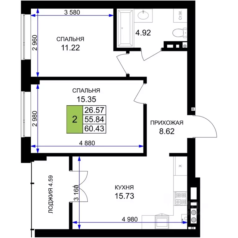 2-к кв. Калининградская область, Гурьевск Включи жилой комплекс (60.43 ... - Фото 1