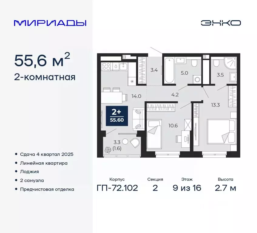 2-к кв. Тюменская область, Тюмень Мириады жилой комплекс (55.6 м) - Фото 0