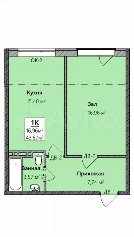 1-к. квартира, 43,7 м, 8/8 эт. - Фото 0