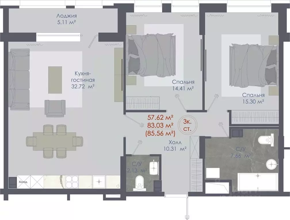 3-к кв. Воронежская область, Воронеж ул. Любы Шевцовой, 31 (85.56 м) - Фото 1