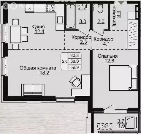 2-комнатная квартира: Барнаул, улица Солнечная Поляна, 85 (58 м) - Фото 0