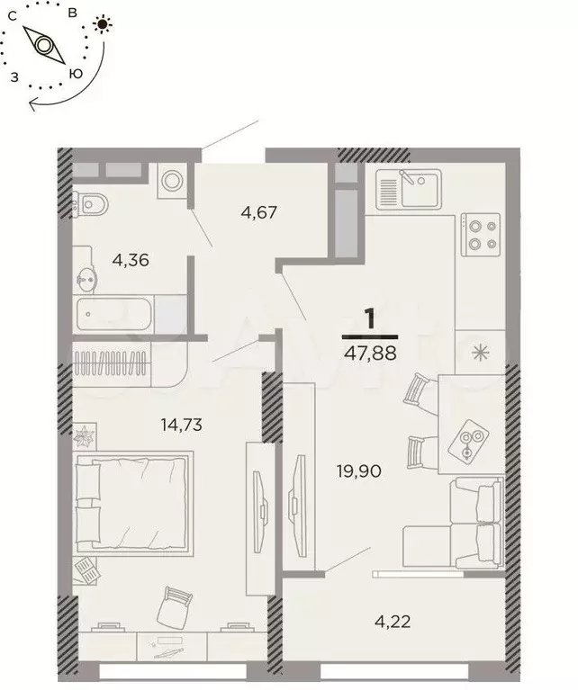 1-к. квартира, 47,9 м, 15/25 эт. - Фото 1