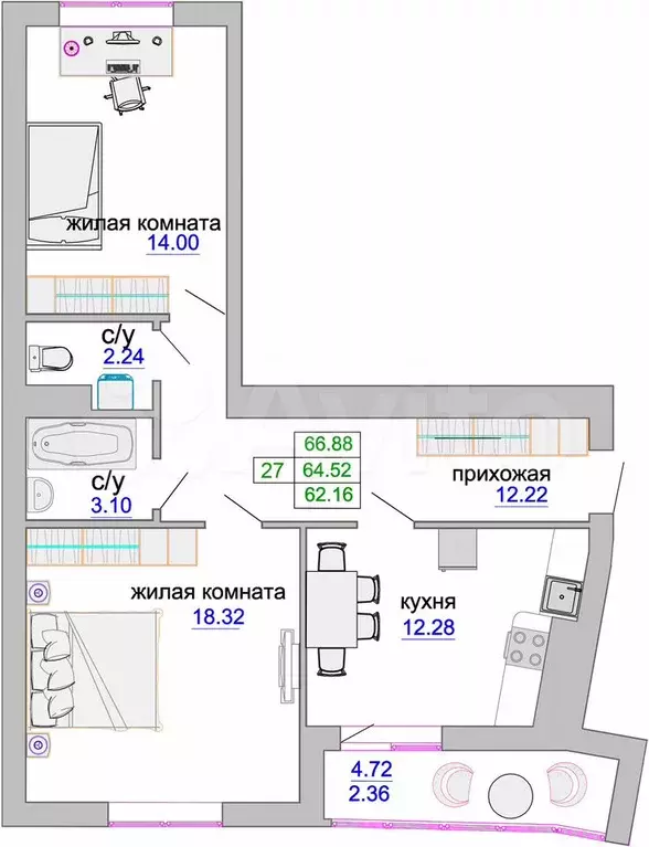 2-к. квартира, 66,9 м, 8/9 эт. - Фото 1