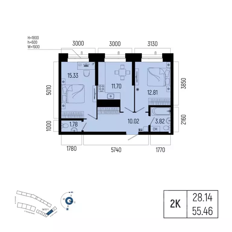2-к кв. Башкортостан, Уфа Глумилино-1 мкр, Новатор жилой комплекс ... - Фото 1