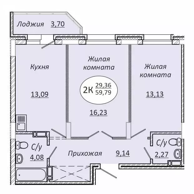 2-комнатная квартира: новосибирск, коммунстроевская улица, 146 (59.79 . - Фото 0