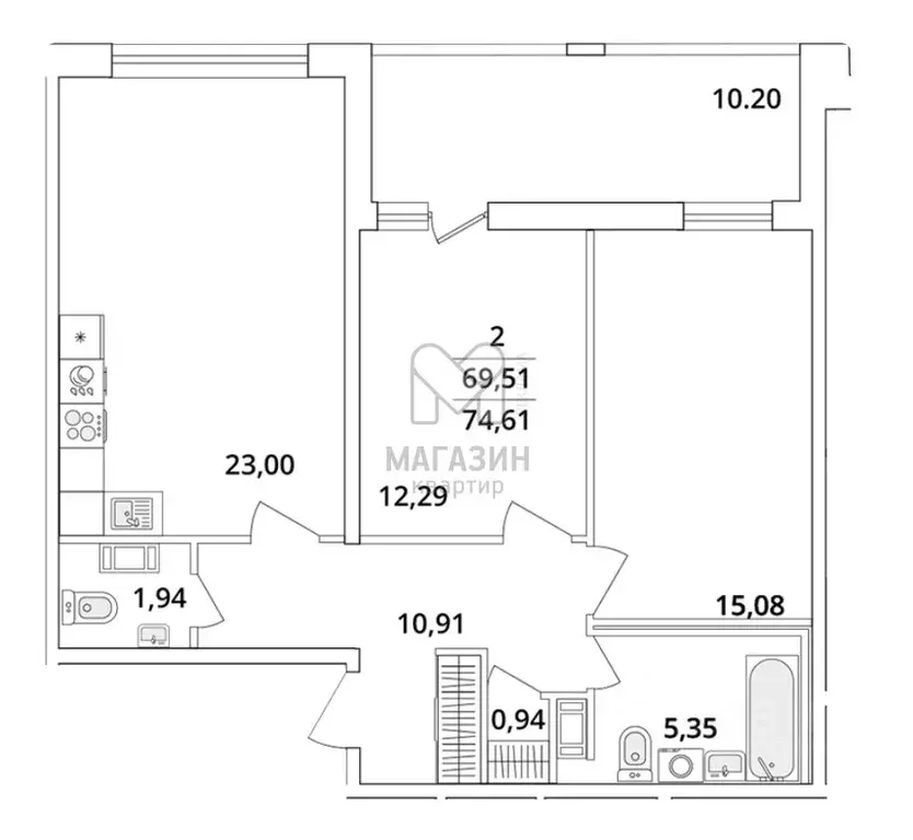 2-к кв. Санкт-Петербург Предпортовая тер.,  (69.51 м) - Фото 1