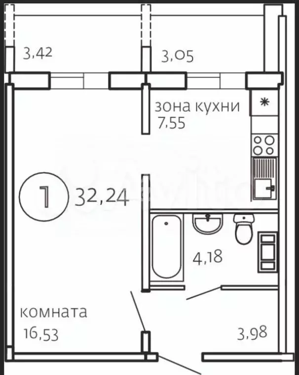 1-к. квартира, 32,2 м, 5/10 эт. - Фото 0