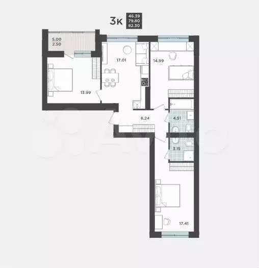 3-к. квартира, 79,8 м, 3/9 эт. - Фото 1