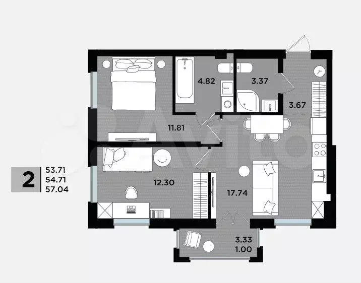 2-к. квартира, 57 м, 1/5 эт. - Фото 1