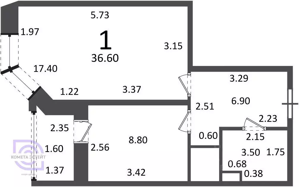 Квартира, 1 комната, 36.6 м - Фото 2